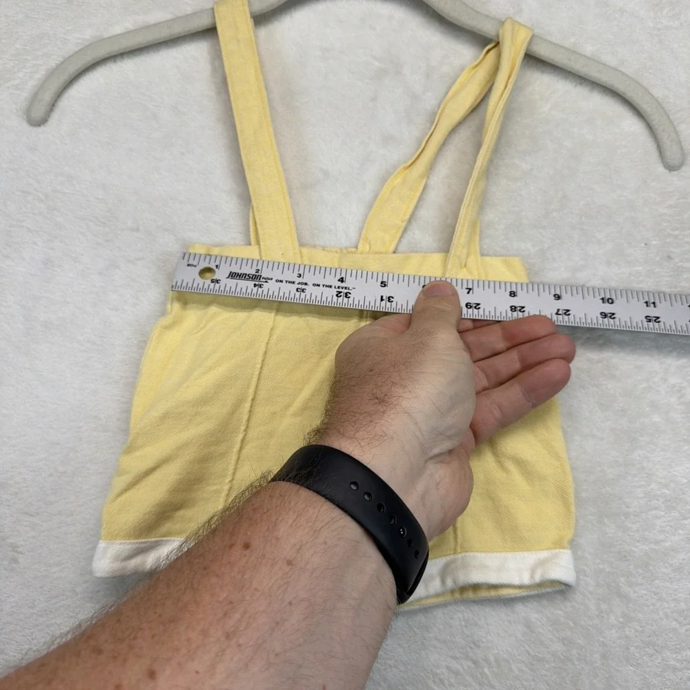 Vintage Baby Yellow Suspender Shortalls Romper White Cuff Snap Crotch Unisex